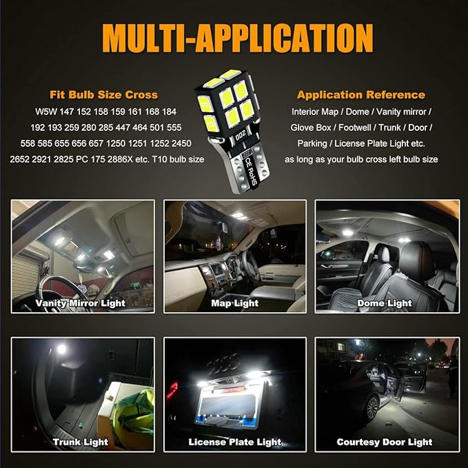 Juego de 10 bombillos LED T10 194 168 6000K Blanco frío 12V para auto miniatura 6
