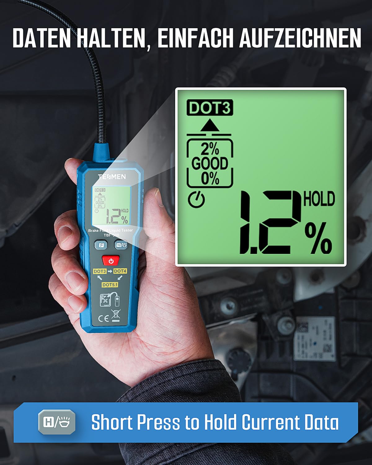 TESMEN TBF-300 Bremsflüssigkeitstester, 8,5" korrosionsbeständige Schwanenhals-Sonde, für DOT3/DOT4/DOT5.1, mit Licht, Datenhaltung & Hintergrundbeleuchtungsalarm – Blau