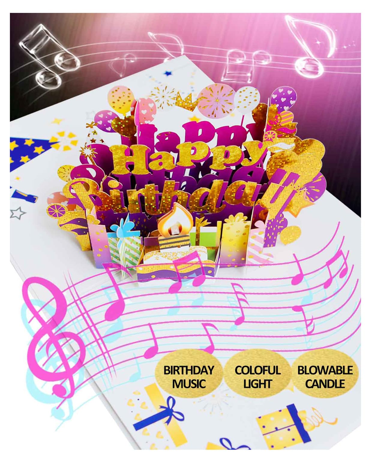 Tarjetas de feliz cumpleaños 3D desplegables con purpurina para tarta de cumpleaños, vela soplable con luz LED, tarjetas de felicitación musicales, decoraciones de cumpleaños, regalos para