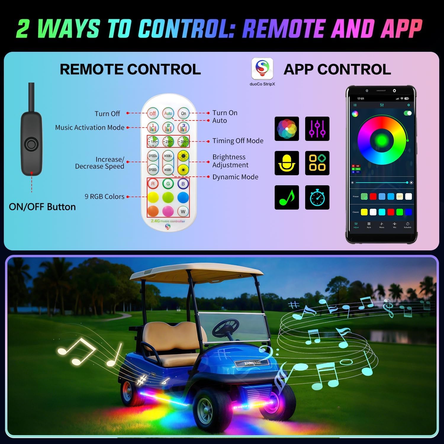 4 Pcs RGB+IC Golf Cart Underglow Light Strip, 12V-80V Dream Color Chasing Golf Cart Underbody Light with Remote and APP Control, Voltage Reducer Included, Music Sync for EZGO Yamaha Club Car