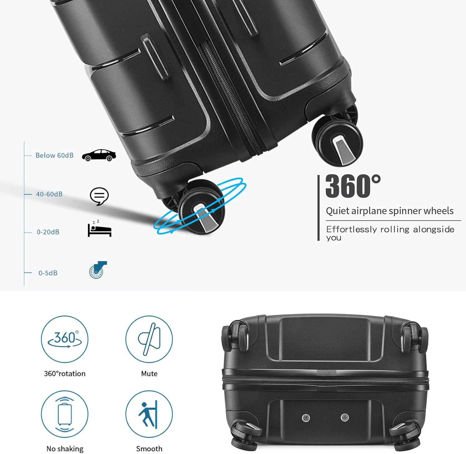 Somago 20" Carry On Luggage and 14" Mini Cosmetic Cases Travel Set Lightweight Polypropylene Suitcase with TSA Lock YKK Zipper Hardside Luggage with Spinner Wheels (2 Piece Set, Classic Black) - Image 5