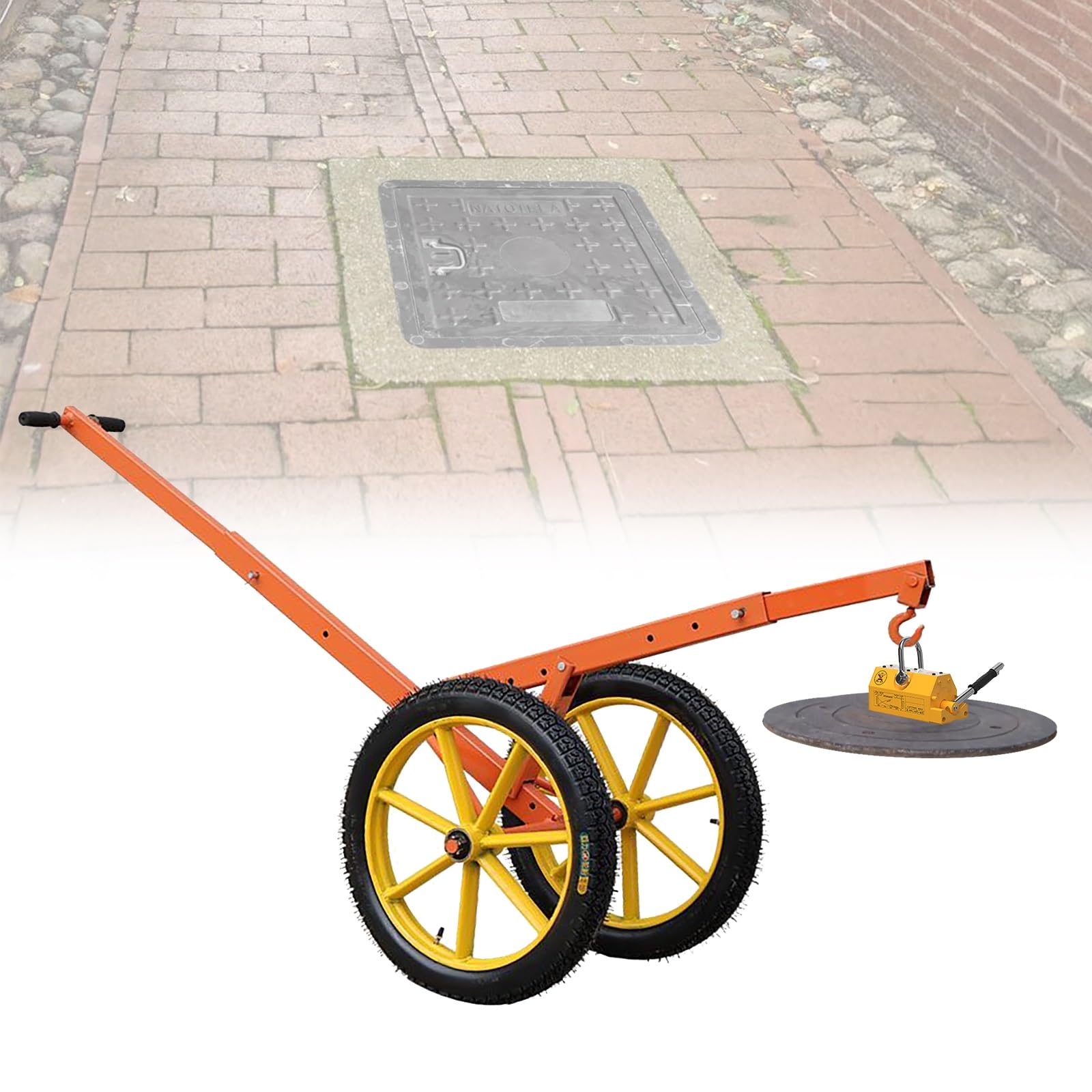 Wózek widłowy z pokrywami włazów, regulowany pręt, koło pneumatyczne 60 cm, hak obrotowy, magnes w zestawie