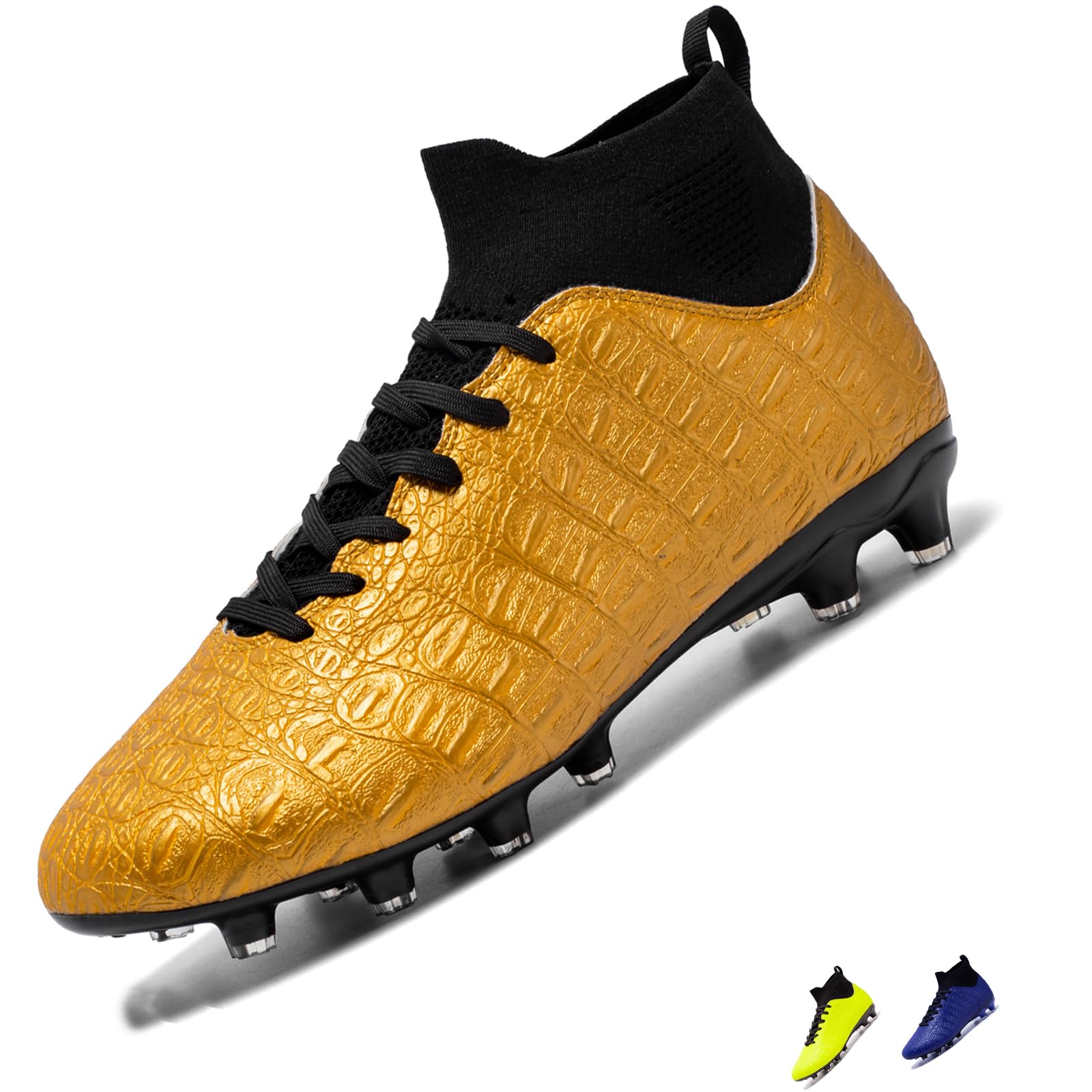 Mens' Soccer Cleats High-Top Outdoor Non-Slip Football Shoes Protection Lightweight for Firm Ground Training Breathable,Golden,Size 7.5 Men/Women 8.5