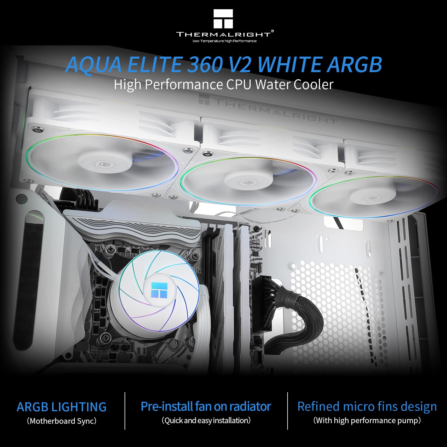 Thermalright Aqua Elite 360 Bianco ARGB V2 Refrigeratore d'acqua per CPU, 360 Aio CPU, 3 ventole TL-S12W PWM,effetto apertura ARGB, per AM4/AM5, Intel LGA115x/1200/1700/1851