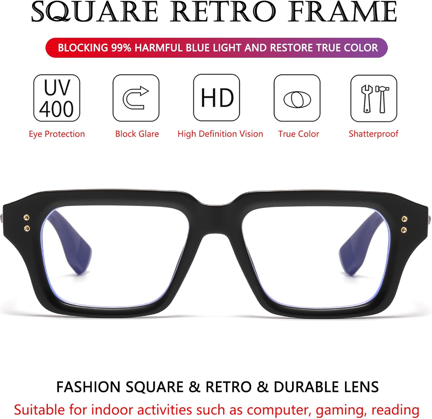 AIEYEZO Fashion Square Blue Light Glasses for Men Women Retro Thick Frame Blue Light Blocking Computer Glasses - Image 4