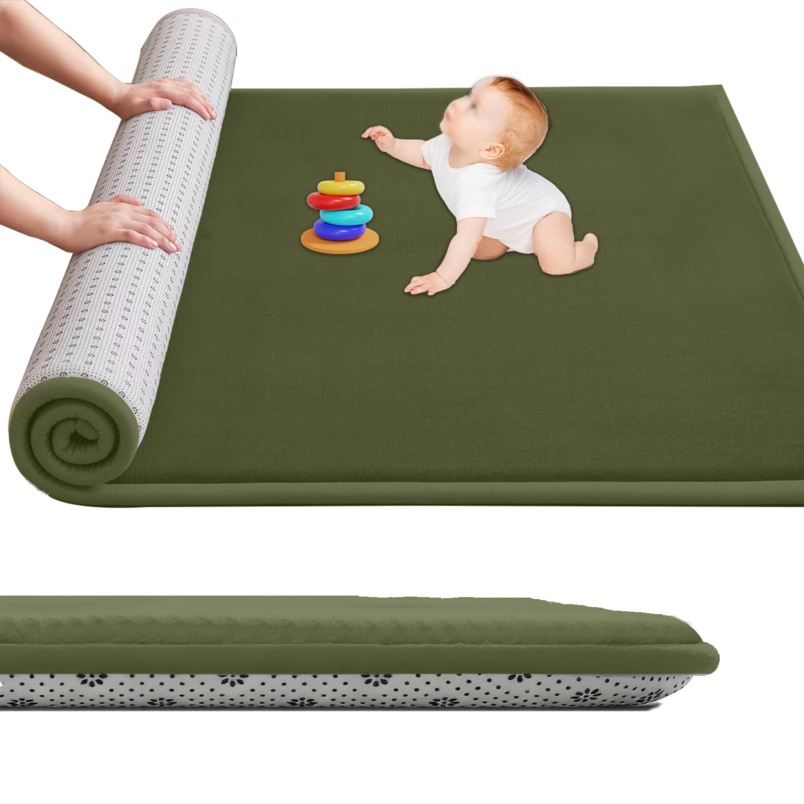 Large Nursery Carpets, Memory Foam Play Mat for Baby Non-Slip 3CM Thick 180 x 180 cm Children's Play Mat for Crawling Soft Play Tummy Time, Area Rug Playmat for Floor Living Room Tatami Army Green