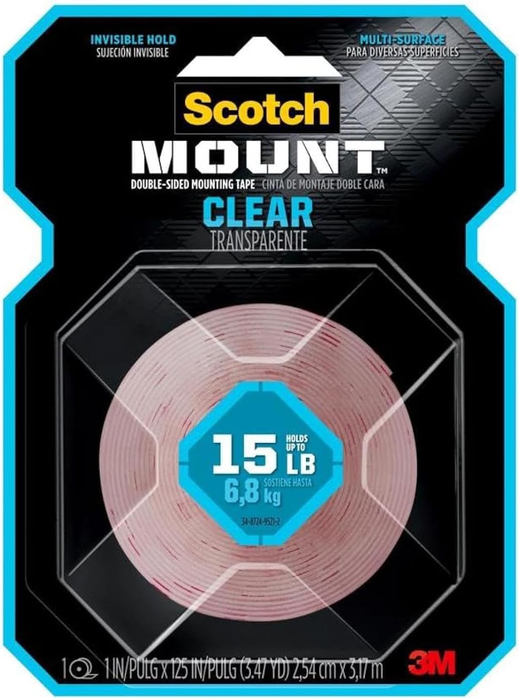 3MClear Scotch-Mount Double-Sided Mounting Tape, Strips & Squares: 1 in x 125 in. (Clear)