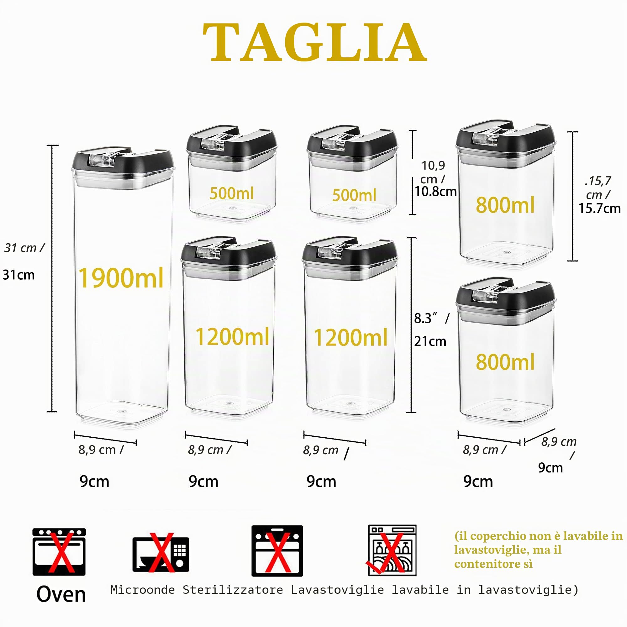 Set di 7 contenitori per cucina con coperchio nero facile impilabile, per spaghetti cereali
