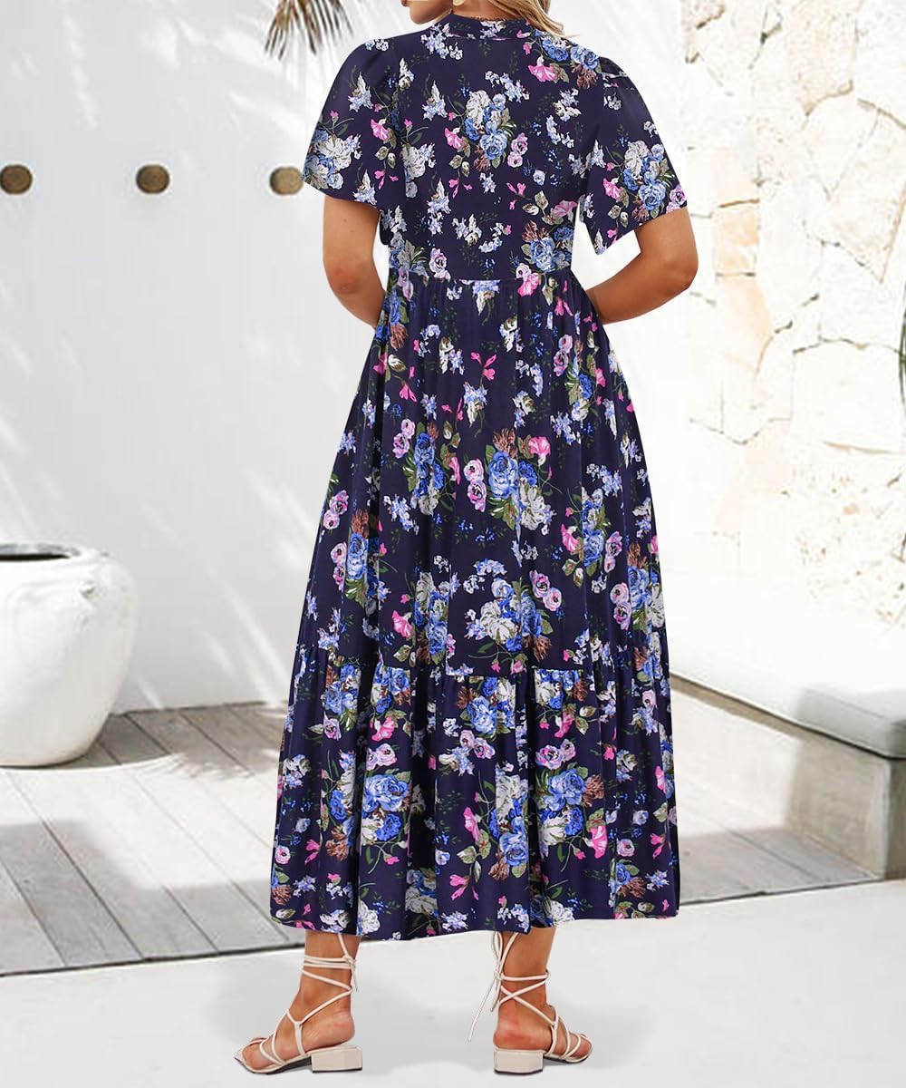 RITERA Plus Size Short Sleeve Dress for Curvy Women Button Up Floral Flowy Summer Casual Maxi Dresses with Pockets XL-5XL - Image 3