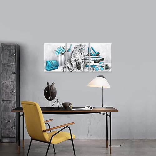Miniatura 3 de Visual Art Decor Arte de pared turquesa y gris, pintura de leopardo, impresiones en lienzo para dormitorio de niñas, decoración de pared de baño, 12