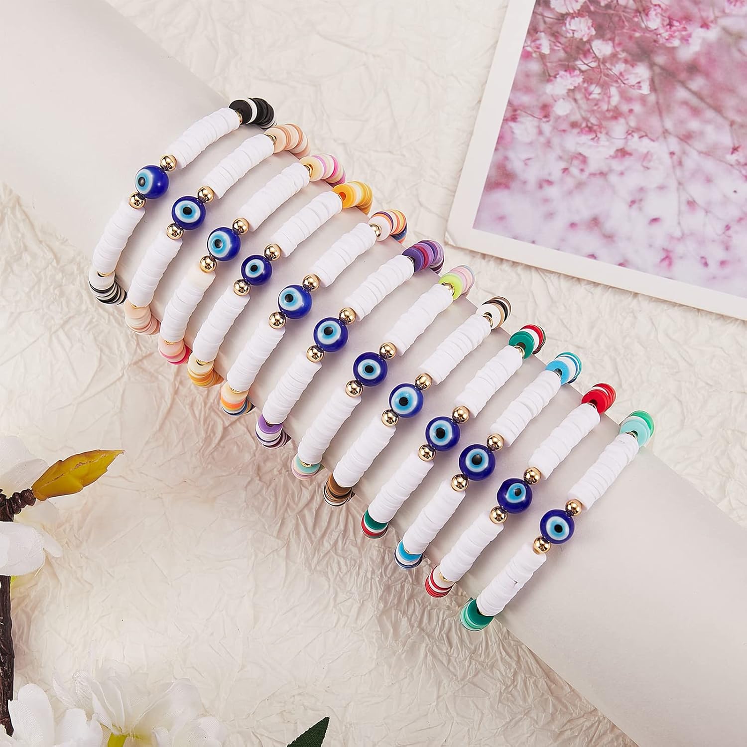Ornaland 12 Pcs 12 Colors Evil Eye Beaded Bracelets Set Heisih Polymer Clay Stretch Surfer Bracelets Multilayer Stackable Mixed Color Beads Bracelets for Summer Beach - Image 4