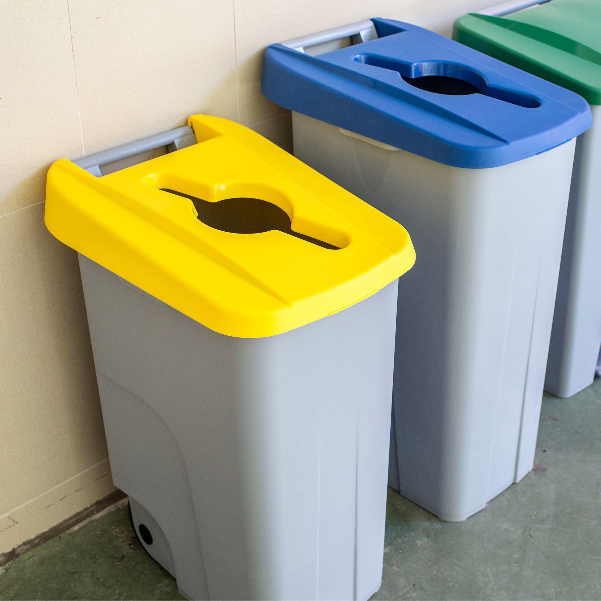 Contenedor de Residuos Reciclo 110L Amarillo con Tapa Abierta y Ruedas – Plástico Resistente, Encajable, Asa Ergonómica, Ideal para Envases y Colectividades | Denox