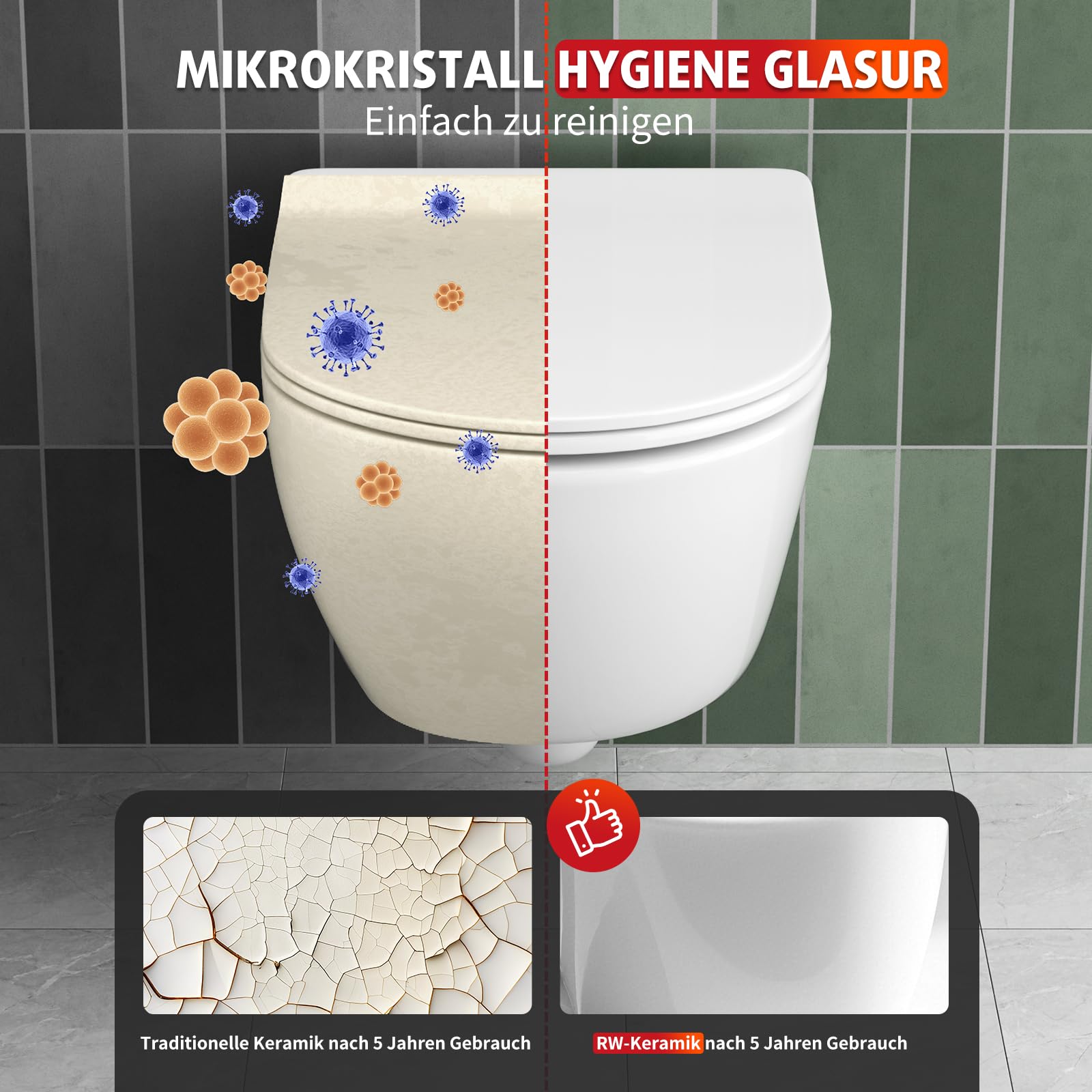 Rainsworth Wisząca muszla klozetowa, wolnoopadająca, kompaktowa ceramiczna toaleta, 48,5 cm długości, łatwa do czyszczenia, do łazienki