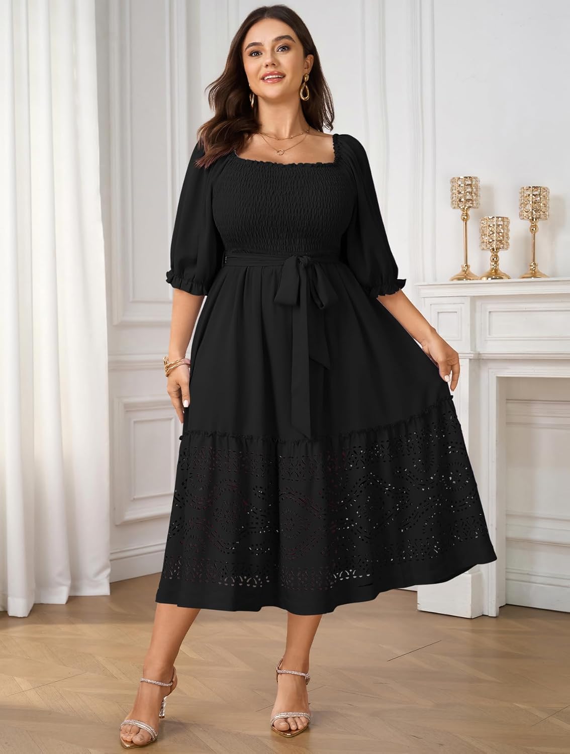 Women's Plus Size Wedding Guest Dress 3/4 Sleeve Square Neck Smocked Empire Waist Tie Boho Eyelet Maxi Long Dresses - Image 6