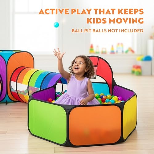 Miniatura 5 de Playz 5 piezas de tiendas de campaña y túneles para niños - Piscina de bolas para niños pequeños, canasta de baloncesto, tubos para gatear, casas de