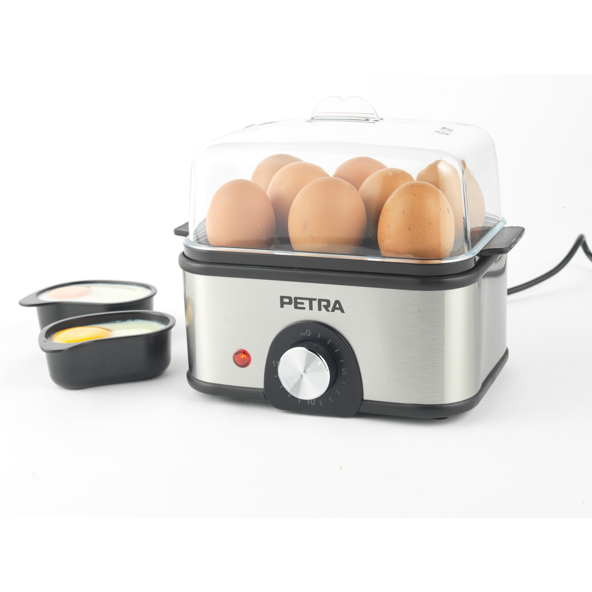 Petra Bollitore Elettrico per Uova – Capacità da 8 Uova, Per Bollire e Pocher, Uova Sode, Medie o Morbide, Timer di 15 Minuti, Include Bicchiere Dosatore, 2 Vaschette per Pocheggio, 500 W, PT6213VDE
