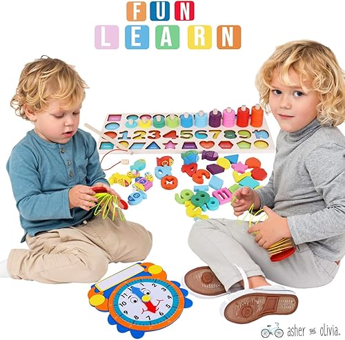 Miniatura 12 de Montessori - Juguetes de habilidad motora fina, juego de forma de números de madera matemática con reloj de aprendizaje y cuentas de cordones