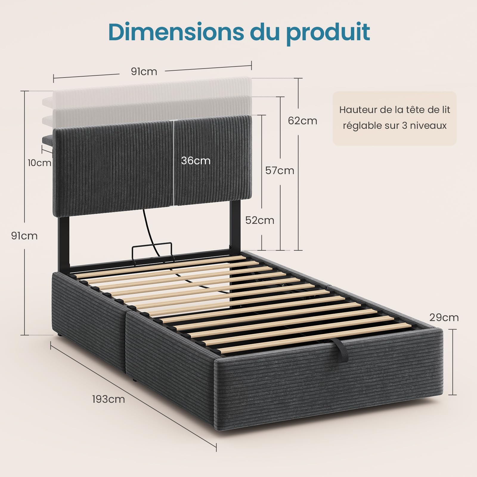 KIMENICH Lit Coffre 90X190 cm, Lit avec Rangement & Hydraulique,Lit Coffre avec tête de lit Réglable en Hauteur,Lits Coffre avec éclairage LED & Station de Recharge,Velours rayé,Gris