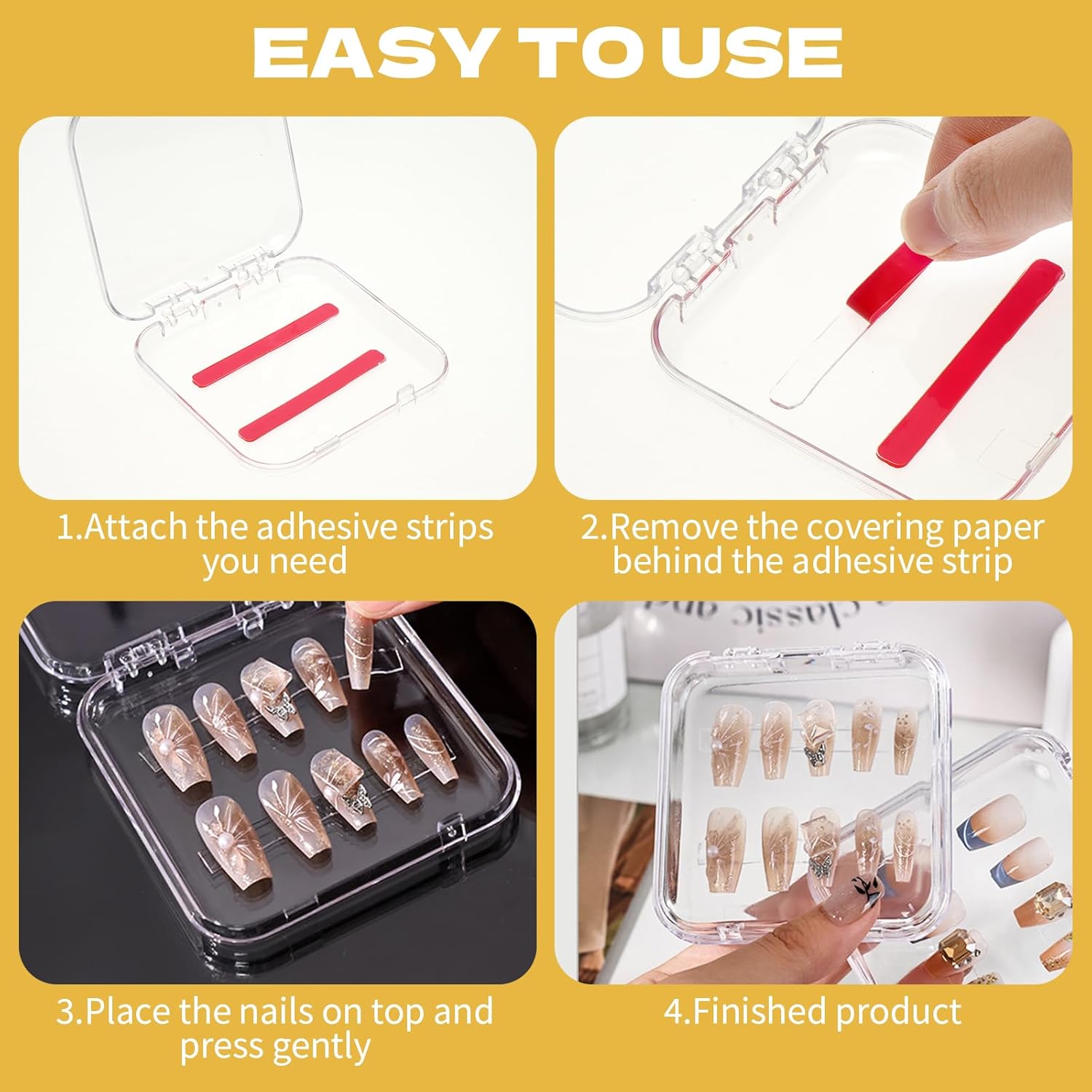 60 Sets Press On Nail Storage Box with Double Sided Adhesive Tapes, 3x3 Inch Clear Artificial Nail Display Case Reusable Nail Packaging Box Organizer for Salon, Technicians, Manicure Enthusiasts