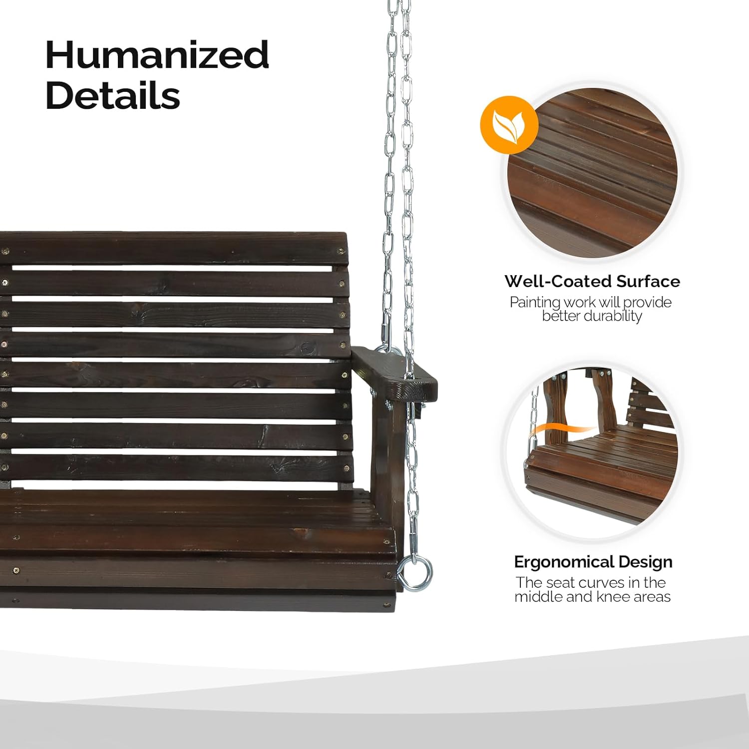 VINGLI Upgraded Patio Wooden Porch Swing for Courtyard & Garden, Heavy Duty 880 LBS Swing Chair Bench with Hanging Chains for Outdoors (Rustic, 4 FT)