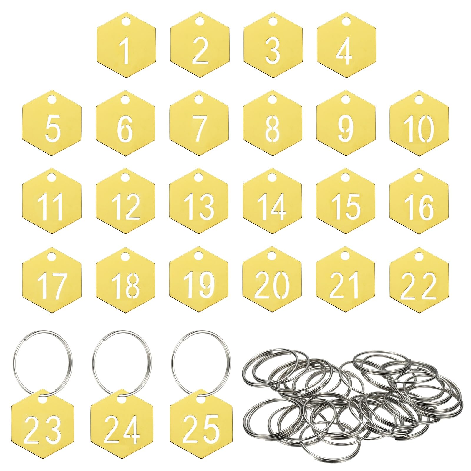 PATIKIL 25PCS Number Tags 1-25, Number Key Tags Stainless Steel Numbered Keychain Metal Sheet Plate with Key Rings for Organizer Field Sales Hangers Clothes Labels ID, Hexagon, Gold