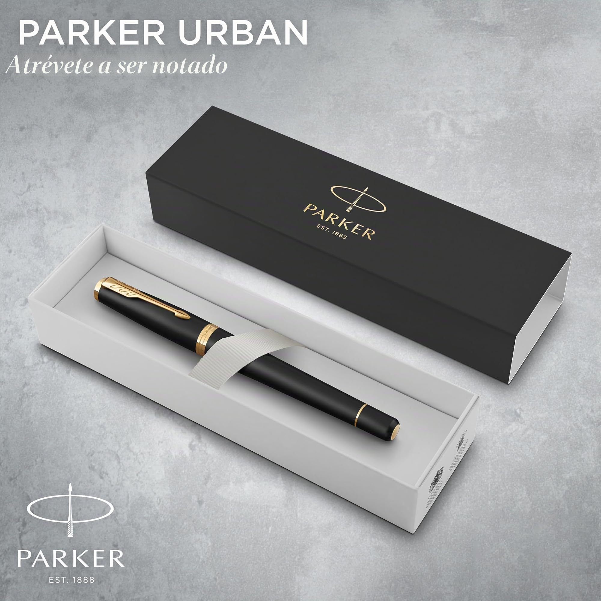 Parker Urban Pluma estilográfica | negro tenue de adorno dorado | plumín fino y recambio de tinta azul | en estuche de regalo