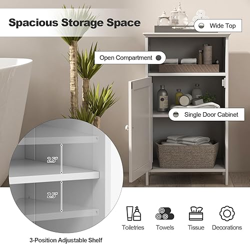 Miniatura 8 de Giantex Armario de almacenamiento de piso de baño, gabinete lateral con compartimento abierto, estante ajustable de 3 posiciones, base elevada,