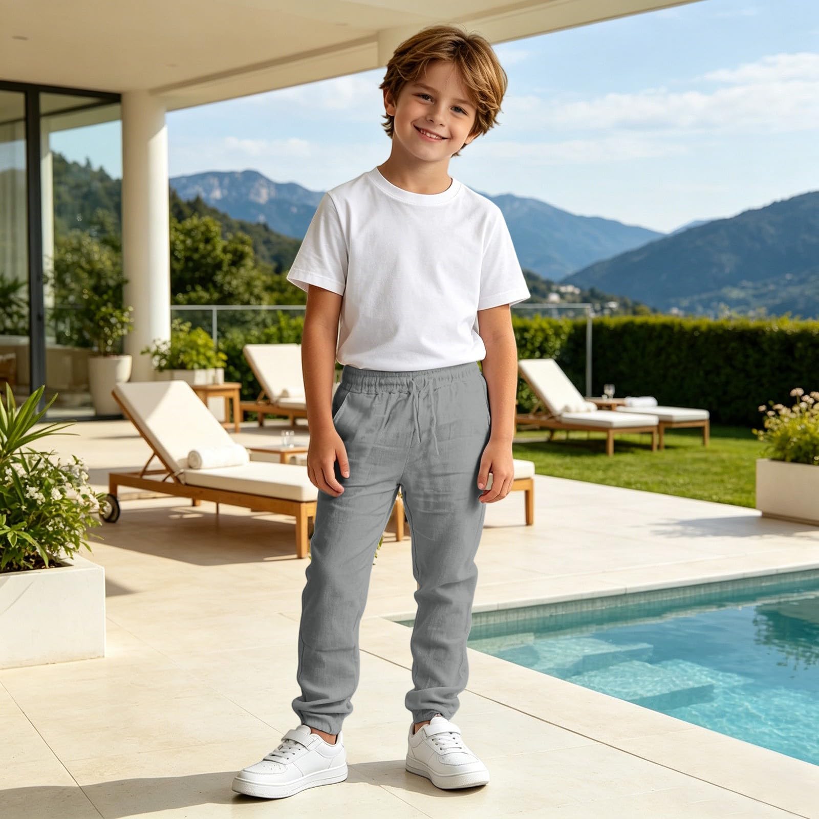 Pantalones de Muselina para Niños con Cintura Elástica, Pantalones de Algodón y Lino Casuales Sueltos de Color Liso para Niño, Pantalón de Verano Infantil, Ligero, Cómodo, Transpirable, con Bolsillos