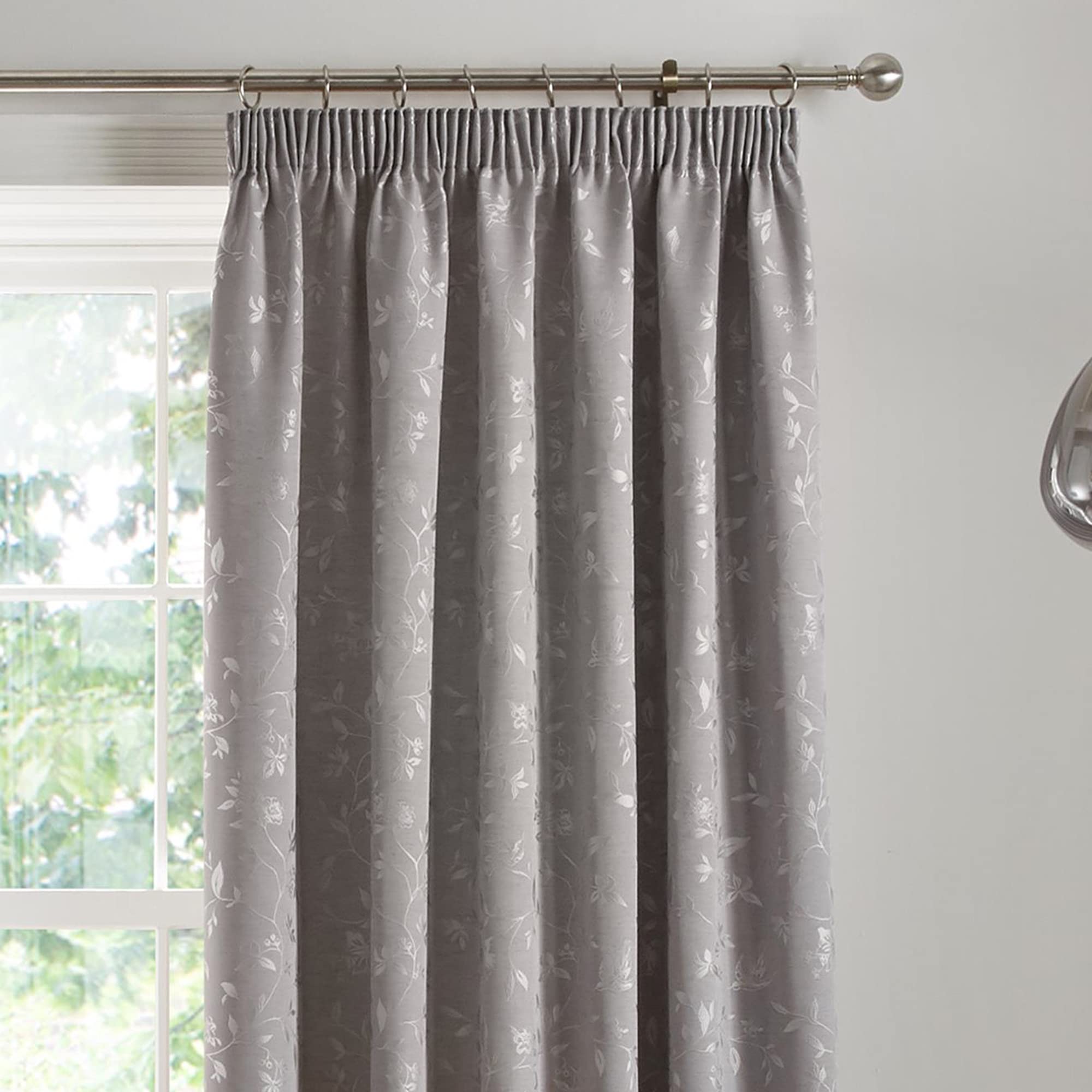 Curtina - Bird Trail - Jacquard Pair of Pencil Pleat Curtains - 46" Width x 72" Drop (117 x 183cm) in Grey