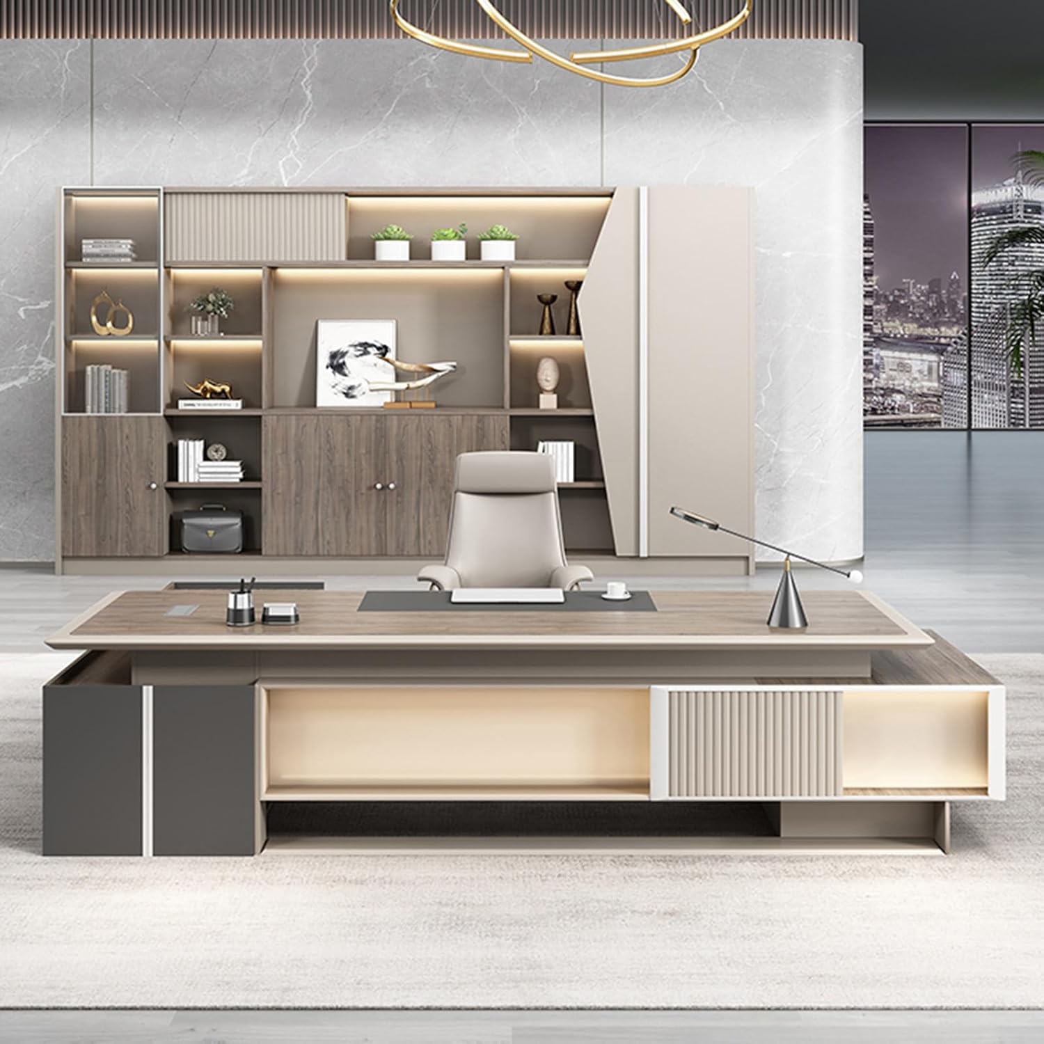 Grey L Shaped Executive Office Desk Computer Desk with Lateral Cabinet Writing Study Table Business Furniture Set for CEO Boss