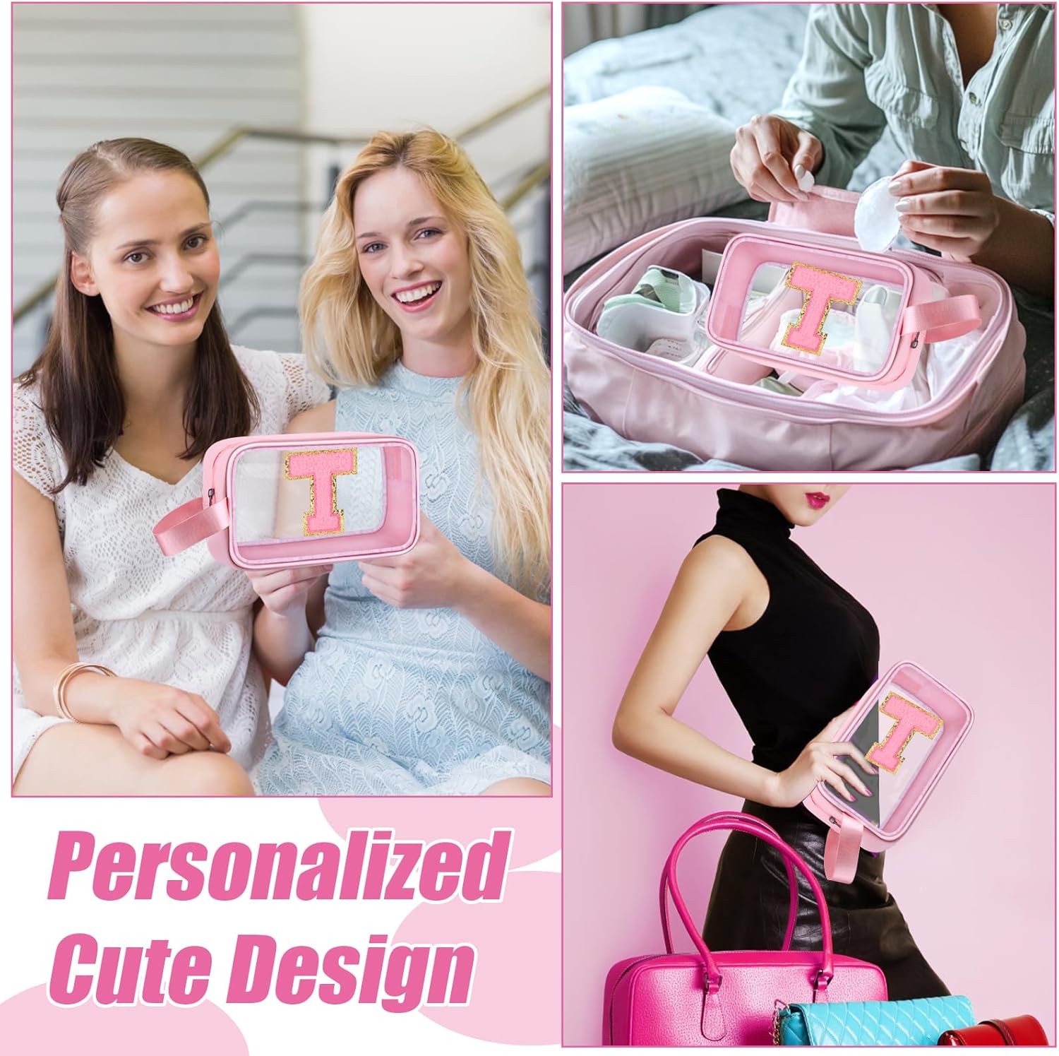 Initial Makeup Bag,Letter T Cute Clear Monogrammed Cosmetic Travel Bag for Womens Girls,Personalized Pink Aesthetic Traveling Make Up Organizer Bag for Beach,Waterproof Toiletry Bag - Image 6