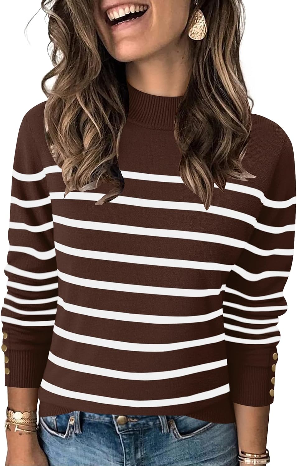 Womens Mock Neck Long Sleeve Knit Sweaters Turtleneck Casual Lightweight Button Cuffs Fall Pullover Sweater