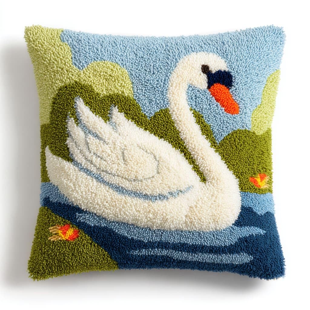 Taxpy DIY Latch Hook Kits, White Swan Cushions Pillow Case Embroidery Carpet Set Needlework Crocheting Cushion Embroidery Set 43x43cm