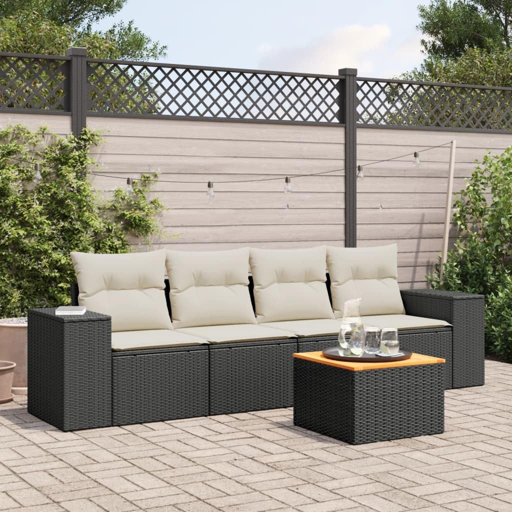 vidaXL Set de Muebles de Jardín con Cojines 5 pzas, Mesa y Asientos Modulares, Conjunto de Sofás para Terraza Patio, Ratán Sintético Negro