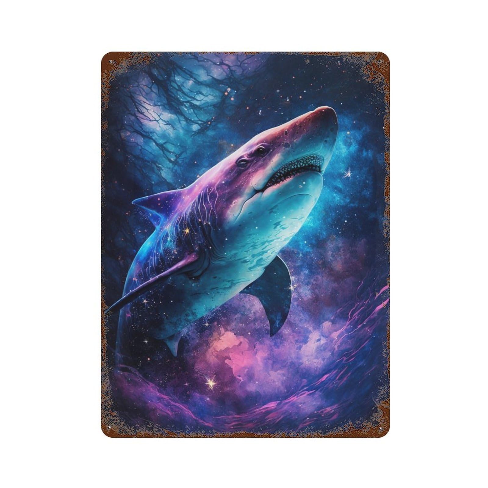 Galactic Shark Art Print Decorative Tin Sign 15.7"x11.8", Vintage Wall Decor for Basement, Hobby Room And Garage Decor
