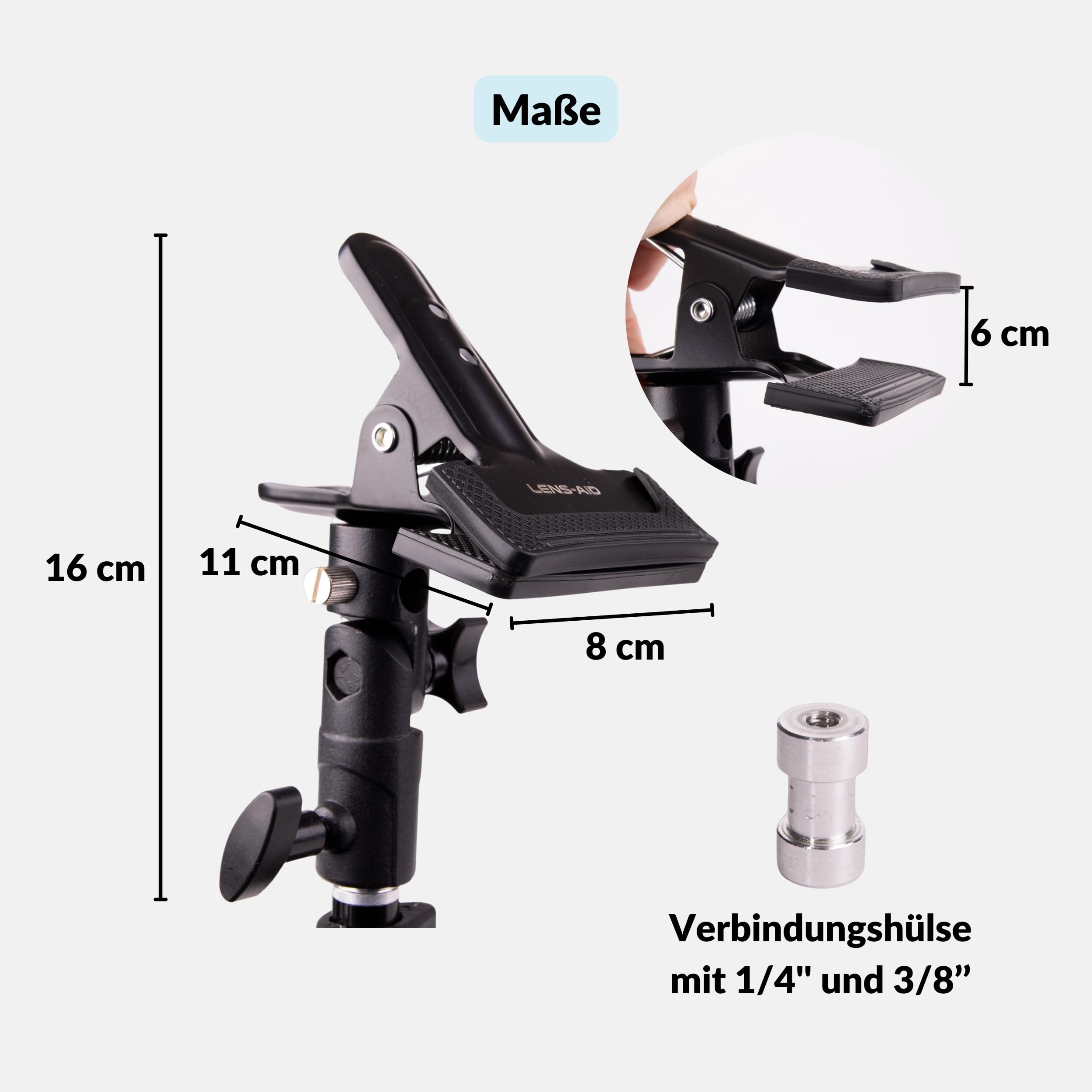 Lens-Aid Reflektor-Klemme fürs Fotostudio: Stativ Halterung aus Metall für Lichtreflektoren und Foto-Hintergründe inkl. 1/4" & 3/8" Gewinde-Adapter