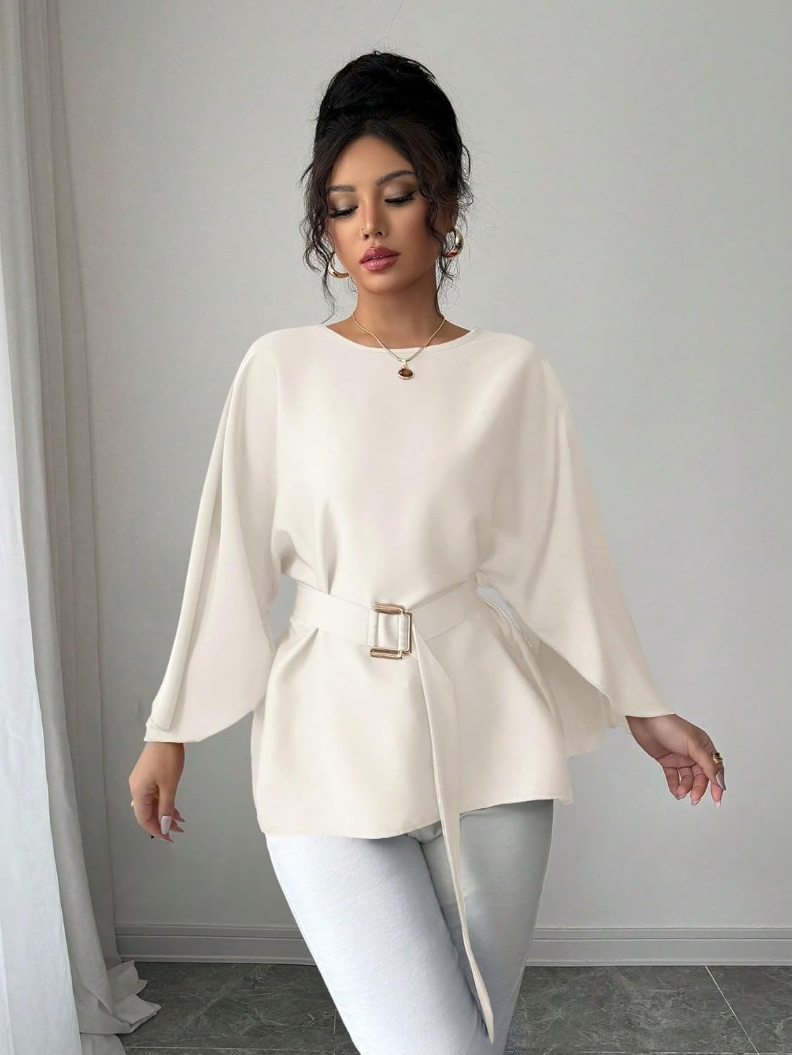 LALAGEN Womens Blouses Women French Style Round Neck Flutter Sleeve Self-Tie Waist Shiny Blouse, Christmas Tops - Image 3