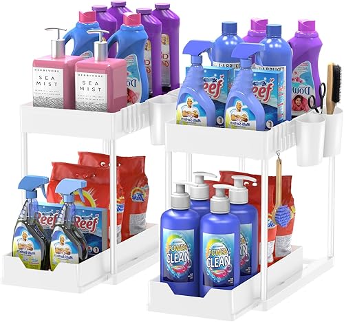 Miniatura 1 de Organizador para debajo del fregadero y almacenamiento de baño, paquete de 2 unidades, organizador de cesta de gabinete Kicthen de 2 niveles, con