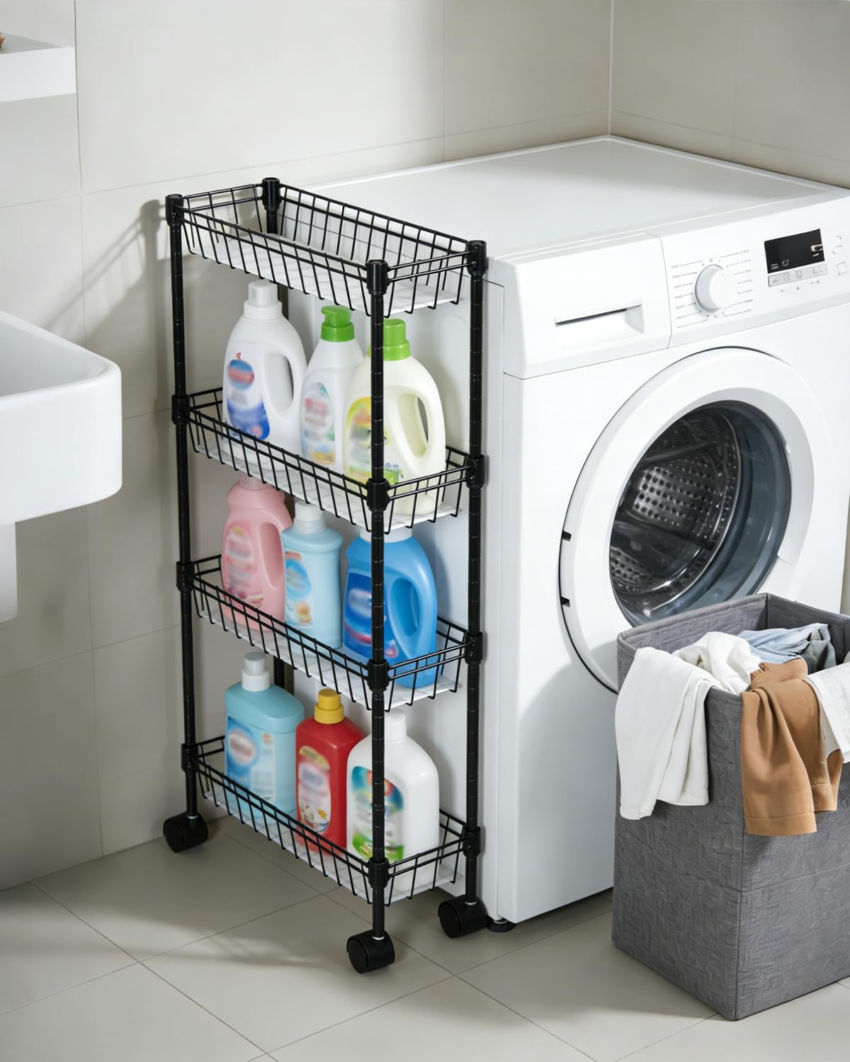 GarveeHome Slim Rolling Storage Cart, 4 Tier Metal Utility Cart with Wheels, Adjustable Shelving Unit Basket for Kitchen Bathroom Laundry Room Living Room & Narrow Corner, 15.75"X5.91"X31.5", Black