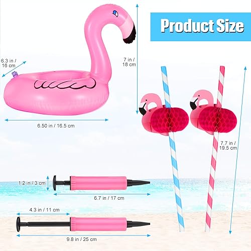 Miniatura 6 de Juego de 67 portavasos inflables de flamenco para bebidas, incluye 16 posavasos flotantes para piscina, soporte para bebidas con 50 pajitas de papel