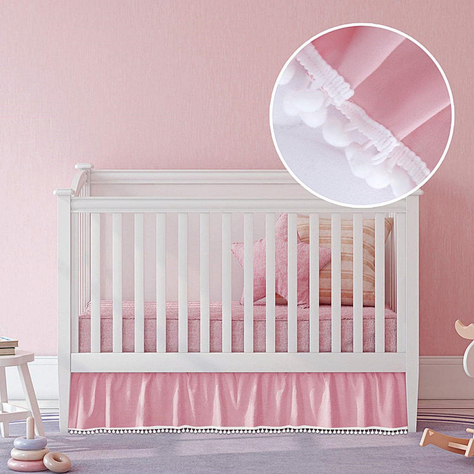 Gonne per Lettino - Gonne per Lettino per Bambini | Gonna arricciata per presepe con Pompon, gonne per Lettino per Bambini in Microfibra per Bambine 28 "X 52"