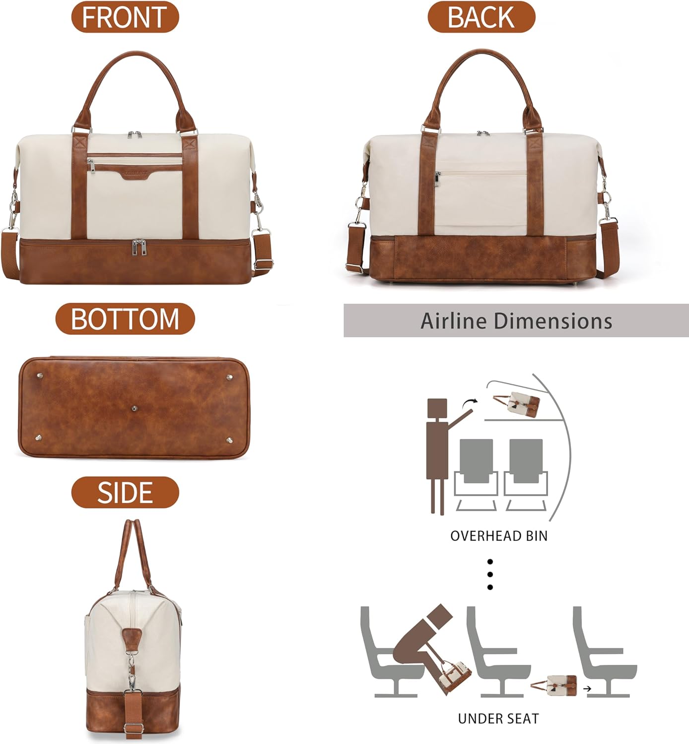 Oeihuivt Weekender Bags for Women - 21 Inch Large Travel Duffel Bag 2-Piece Set with Shoe Compartment, Heavy-Duty Canvas Leather Carry On Overnight Tote - Image 6