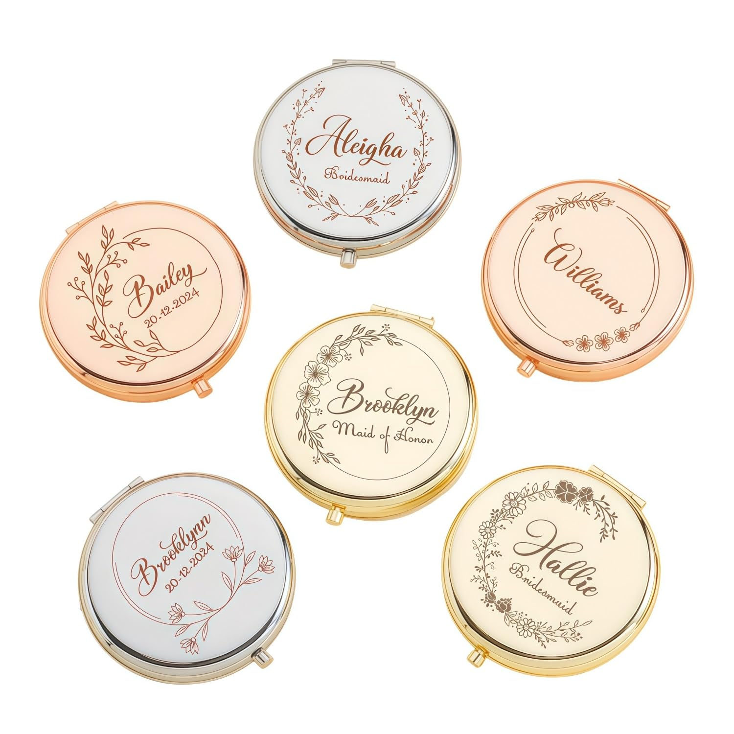 BFBZYME Personalized Engraved Name Compact Mirror, Custom Flower Pocket Travel Makeup Mirror with Magnification, Bridesmaid Proposal Gift, Wedding Bridal Party Favors