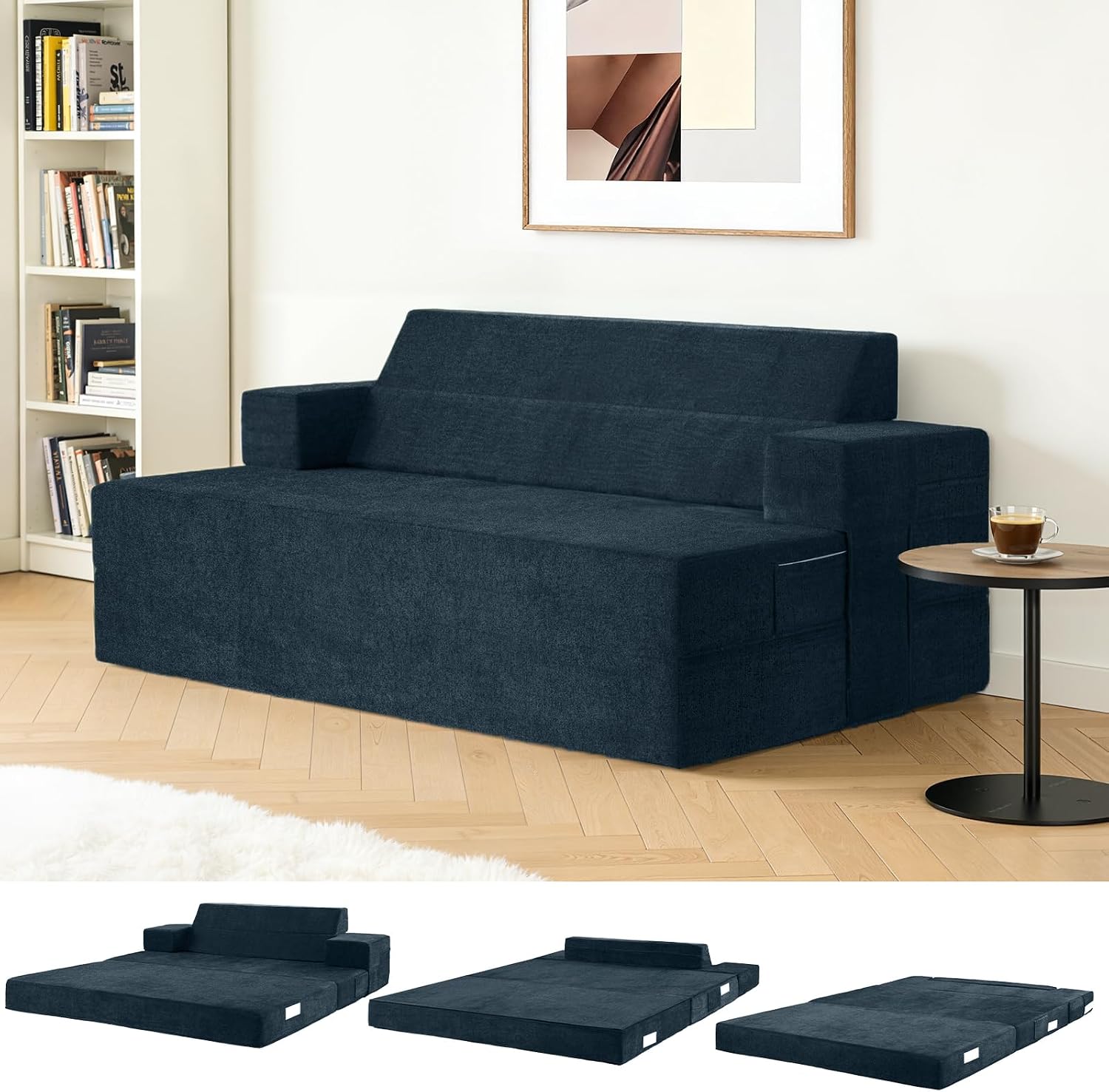 4-in-1 Sofa Bed 150 x 200 cm - Sleeping Chair with Bed Function Folding Sofa Bed Foldable Sofa Bed with Slanted Back Cushions & Separate Pillow Washable Cover Blue