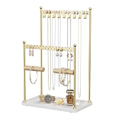 3 Tier Gold Jewelry Stand Necklace Organizer Earring Holder with 44 Holes and 9 Hooks for Necklaces Bracelets
