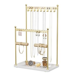 3 Tier Gold Jewelry Stand Necklace Organizer Earring Holder with 44 Holes and 9 Hooks for Necklaces Bracelets