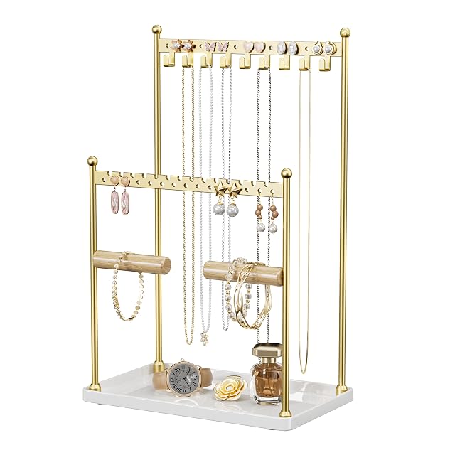 3 Tier Gold Jewelry Stand Necklace Organizer Earring Holder with 44 Holes and 9 Hooks for Necklaces Bracelets