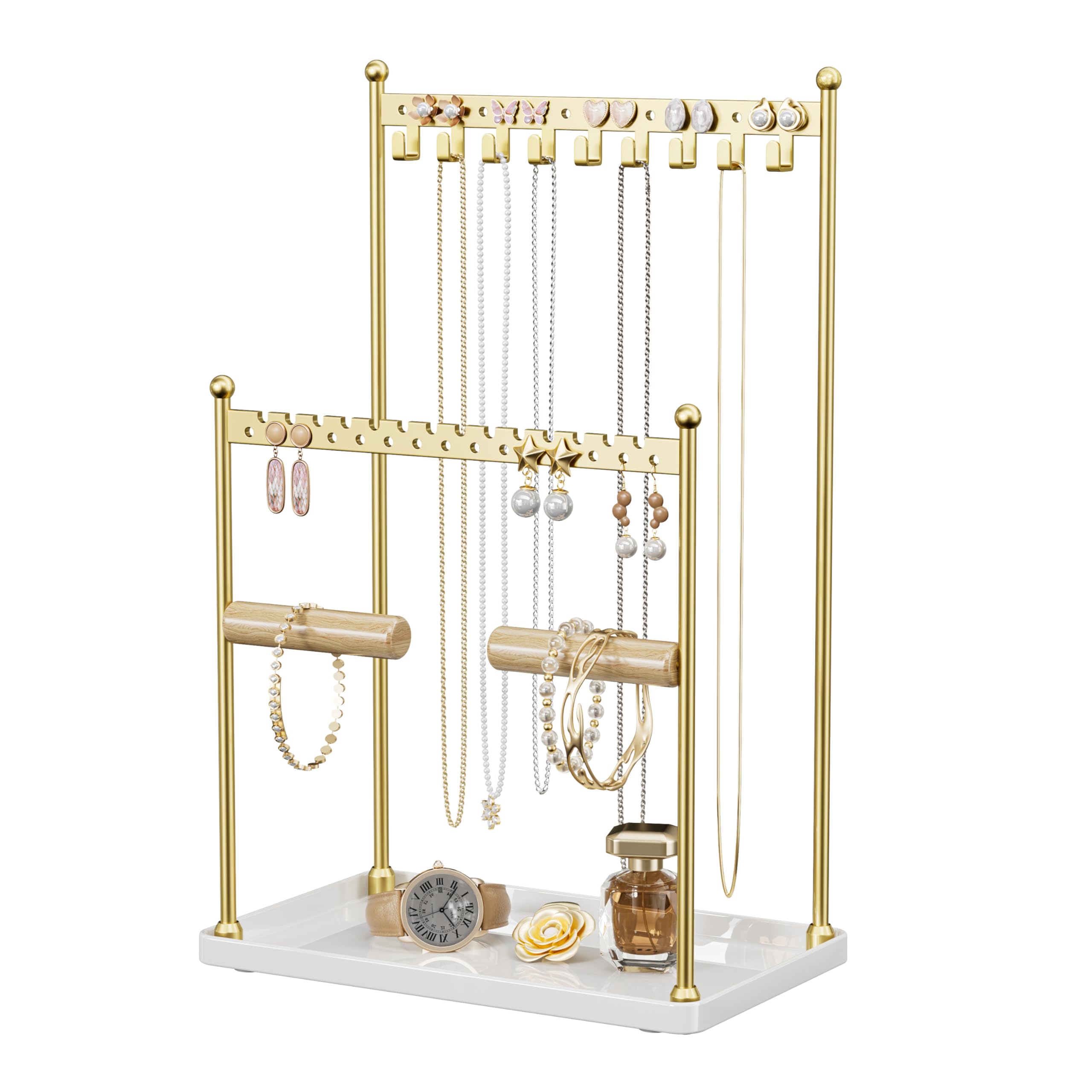 3 Tier Gold Jewelry Stand Necklace Organizer Earring Holder with 44 Holes and 9 Hooks for Necklaces Bracelets