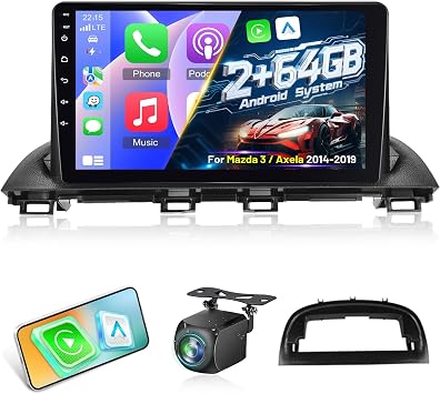 Car Radio for Mazda 3 Axela 2014-2019, [2+64] 9 inch Android Touchscreen Stereo with Carplay/Android Auto, GPS, WiFi, Bluetooth, SWC, Backup Camera + MIC, FM/RDS