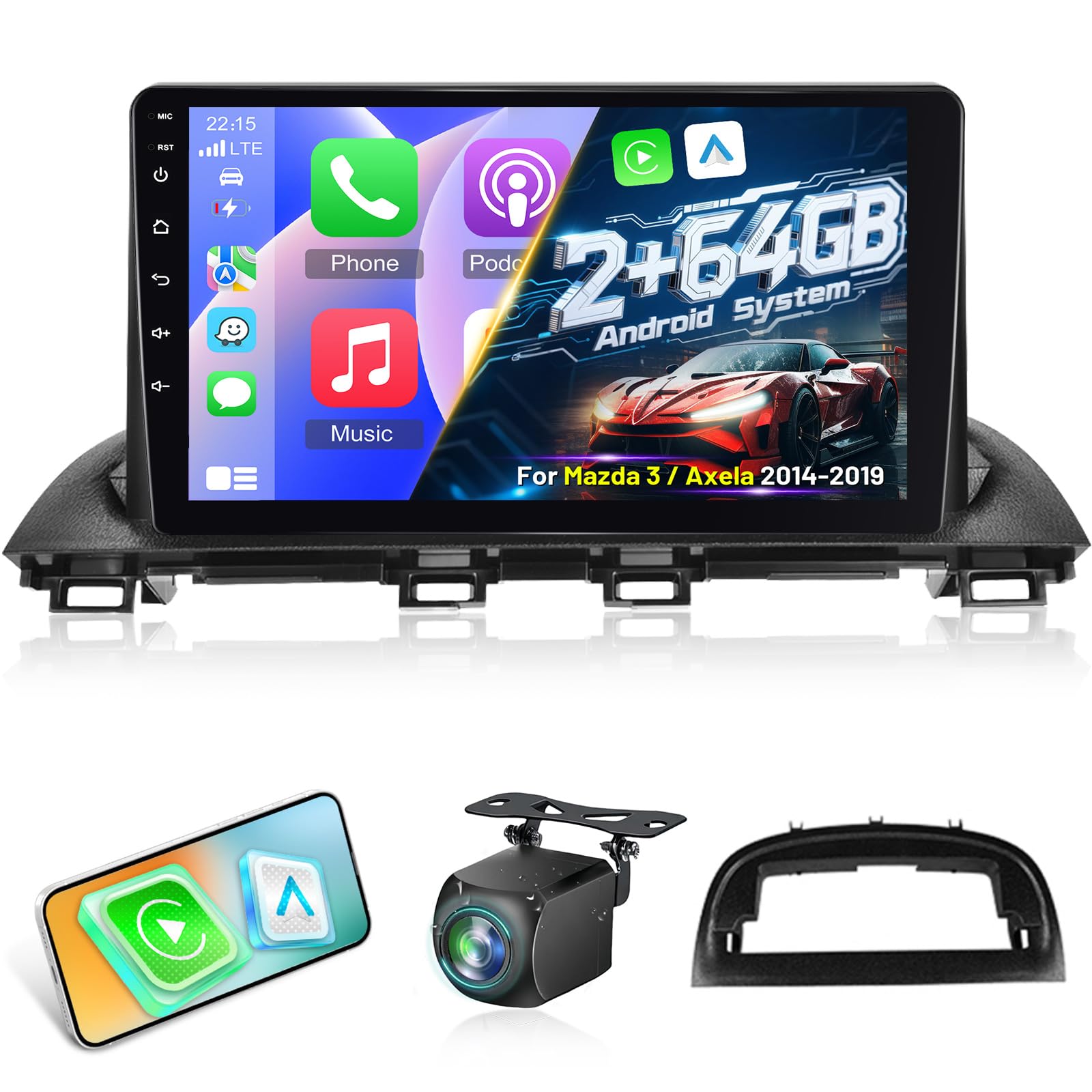Photo 1 of Volxcereo Car Radio for Mazda 3 Axela 2014-2019, [2+64] 9 inch Android Touchscreen Stereo with Carplay/Android Auto, GPS, WiFi, Bluetooth, SWC, Backup Camera + MIC, FM/RDS